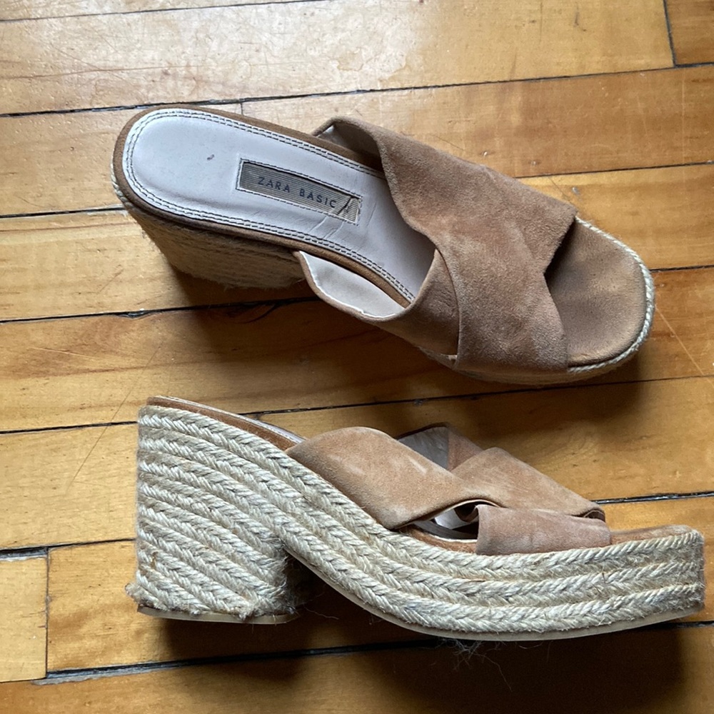 Zara Platform Brown Suede Cord Heeled Sandals